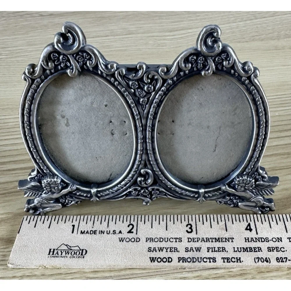 Vintage Burnes of Boston Pewter Double Oval Picture Frame Cherub Angel Ornate